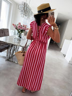 Women's Striped V-Neck Flutter Sleeve Maxi Dress