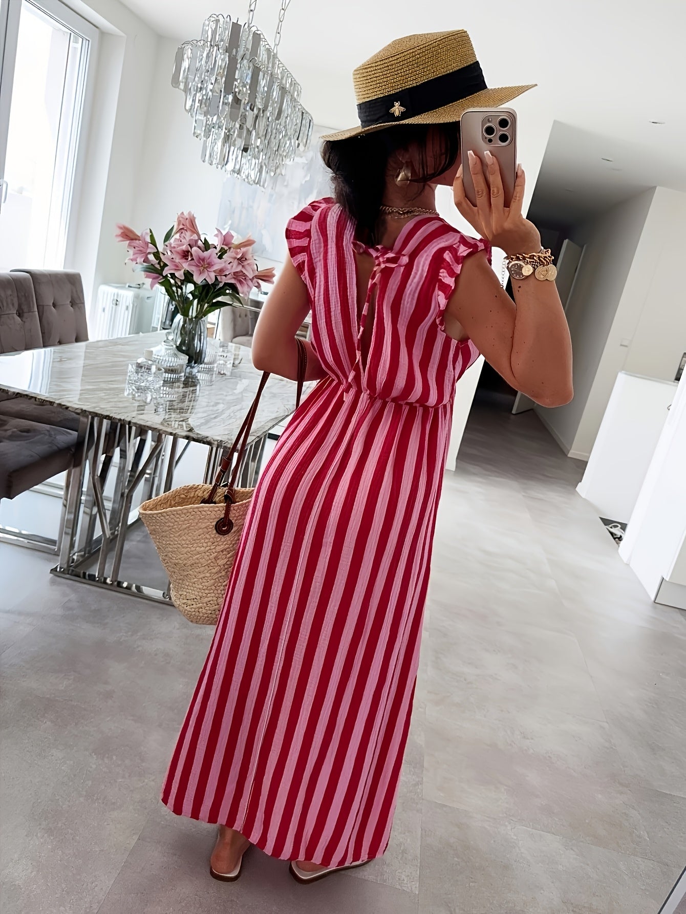 Women's Striped V-Neck Flutter Sleeve Maxi Dress