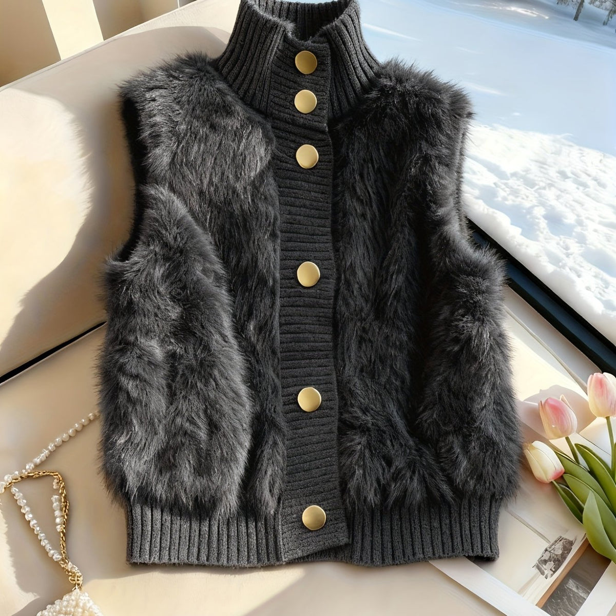 Gilet pour femme en fausse fourrure, boutonné sur le devant, à col montant