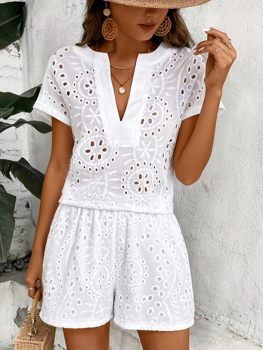 Women’s Broderie Anglaise Playsuit with V-Neck and Flowing Fit