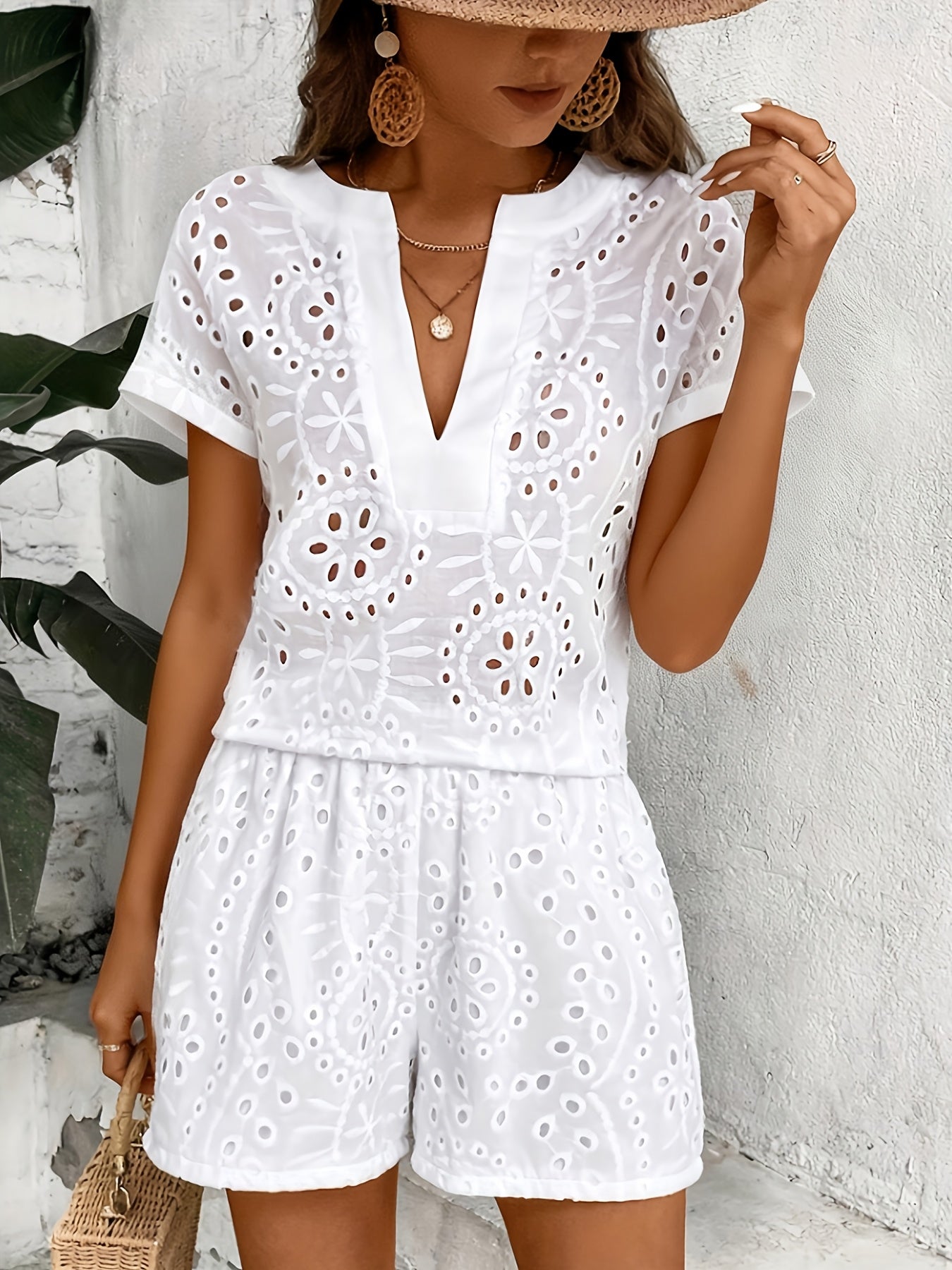 Women’s Broderie Anglaise Playsuit with V-Neck and Flowing Fit
