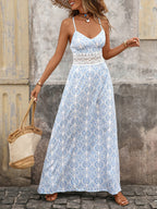 Women's Geometric Print Maxi Dress with Lace Waist and Spaghetti Straps