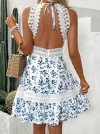 Women's Floral Lace Trim Halter Midi Dress