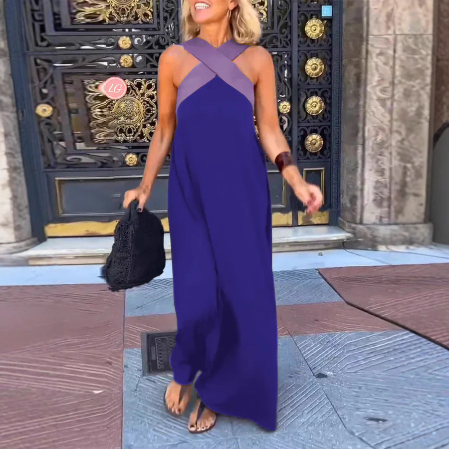 Women's Colorblock Halter Maxi Dress with Cross-Neck Detail