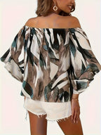 Women’s Off-Shoulder Printed Blouse with Relaxed Flowing Sleeves
