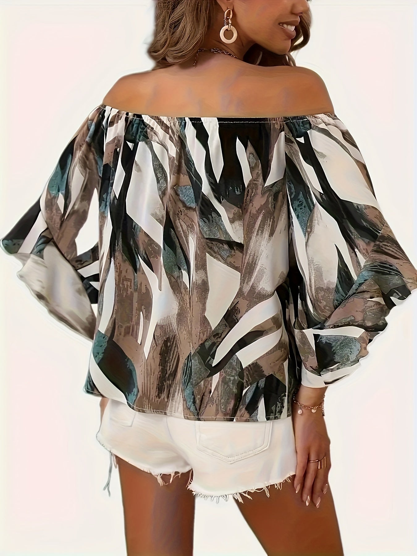 Women’s Off-Shoulder Printed Blouse with Relaxed Flowing Sleeves