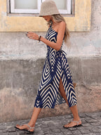 Women's One-Shoulder Midi Dress with Cut-Out Waist and Geometric Print