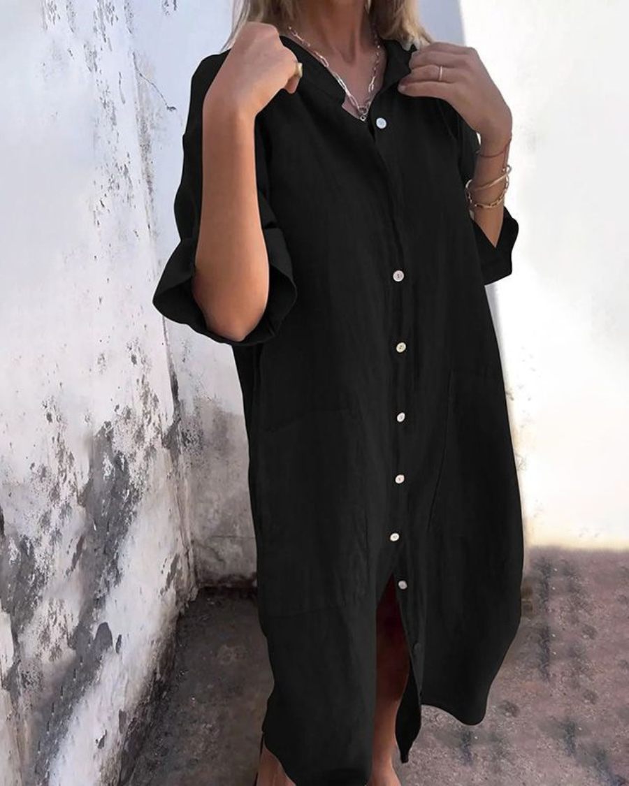 Women's Oversized Button-Front Midi Shirt Dress with Pockets