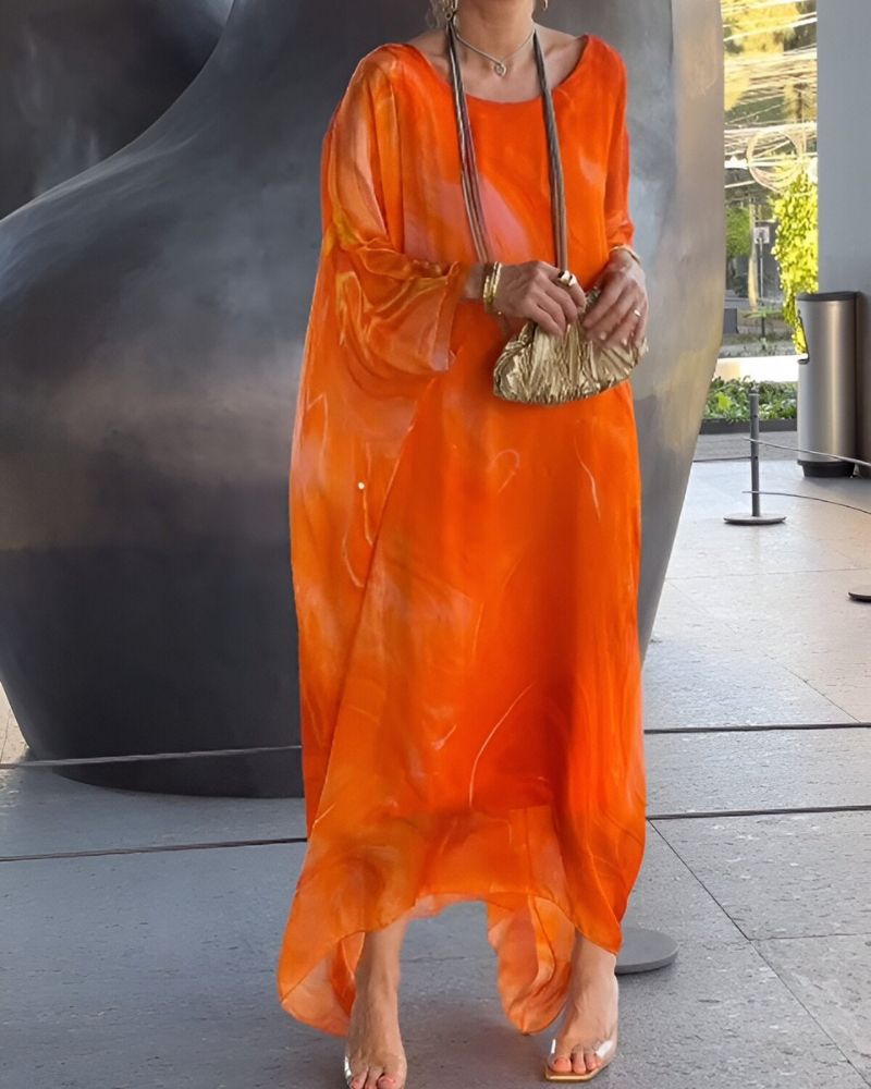 Women's Flowing Marble Print Kaftan Maxi Dress with Sheer Overlay