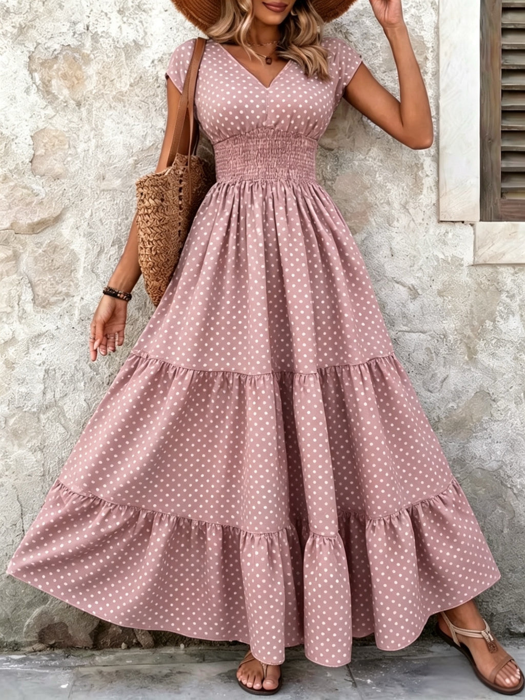 Women's Polka Dot Tiered Maxi Dress