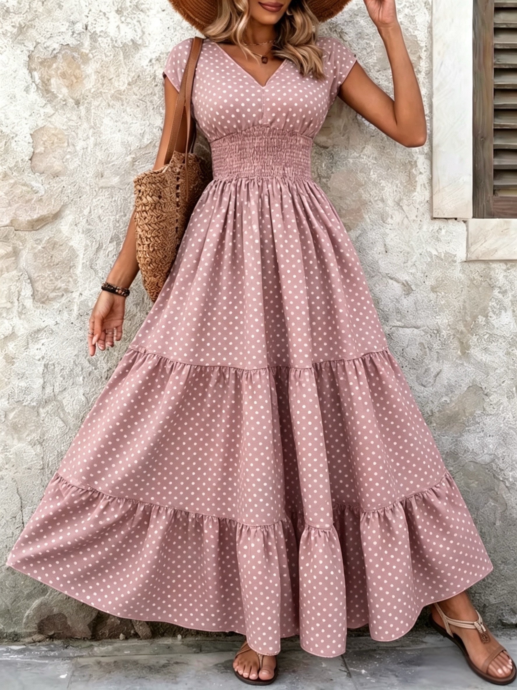 Women's Polka Dot Tiered Maxi Dress