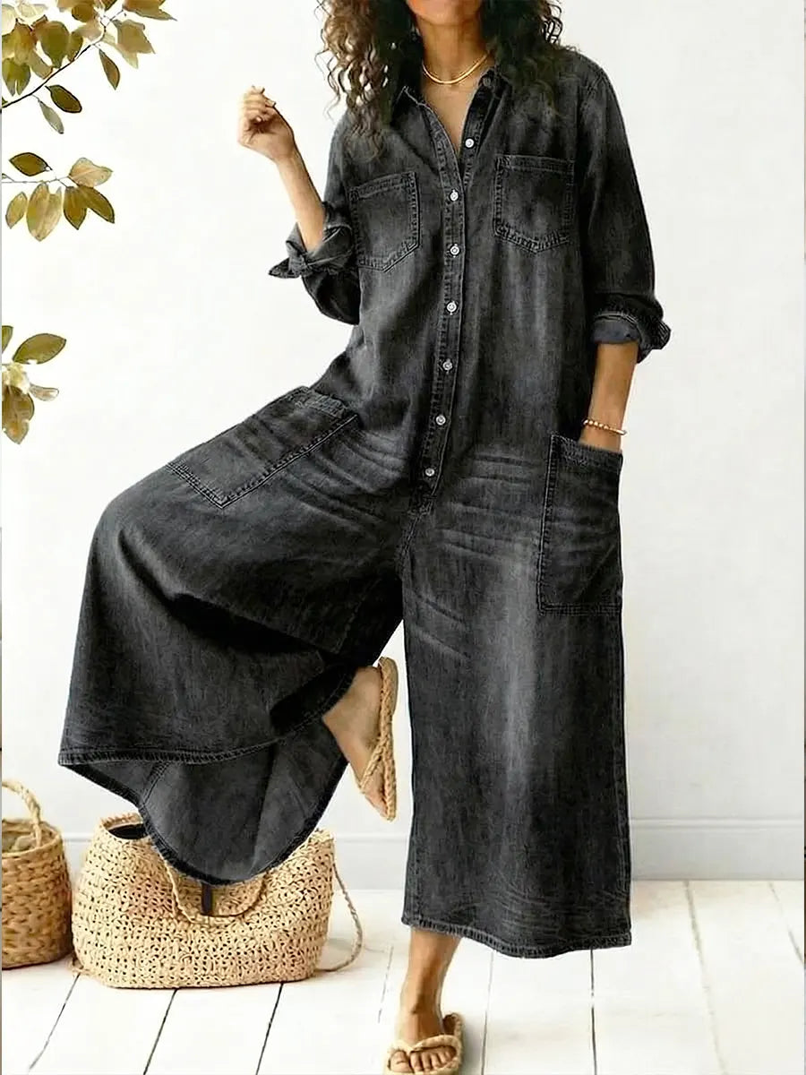 Combinaison en jean à jambes larges avec boutons et poches utilitaires pour femme