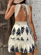 Women's Floral Lace Trim Halter Midi Dress