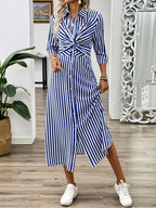 Women's Striped Midi Shirt Dress with Twist Waist and Button Front