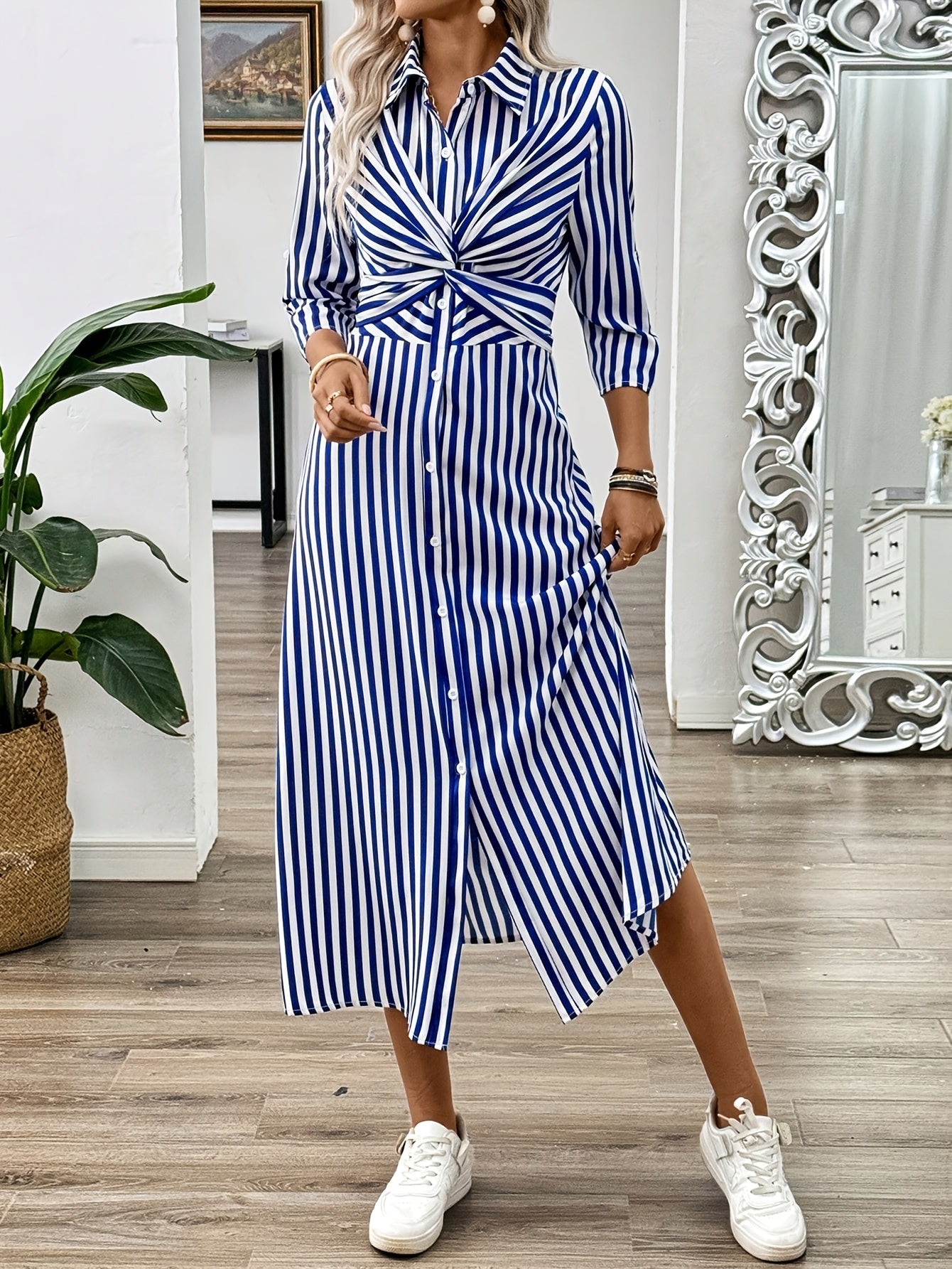 Women's Striped Midi Shirt Dress with Twist Waist and Button Front