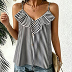 Women's Striped Ruffle Trim Button Front Cami Top