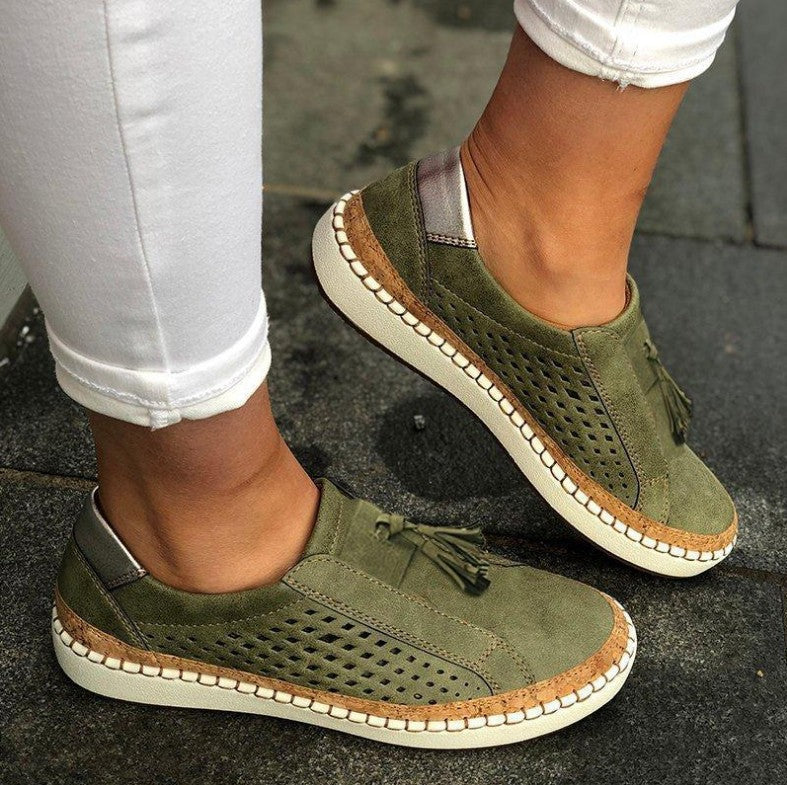 Women's Perforated Tassel Slip-On Loafers with Espadrille Platform Sole
