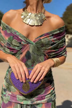 Women's Draped V-Neck Midi Dress with Sheer Overlay