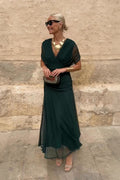 Damen drapiertes V-Ausschnitt Midi-Kleid mit transparentem Überwurf