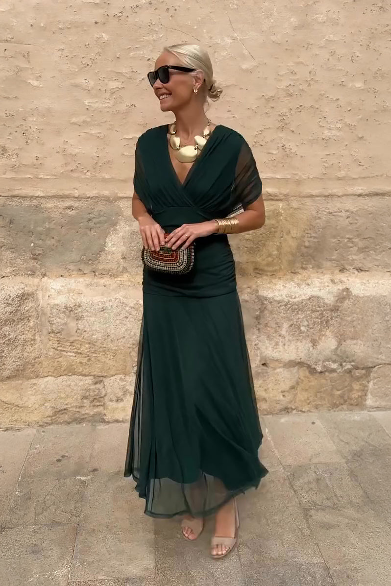 Women's Draped V-Neck Midi Dress with Sheer Overlay