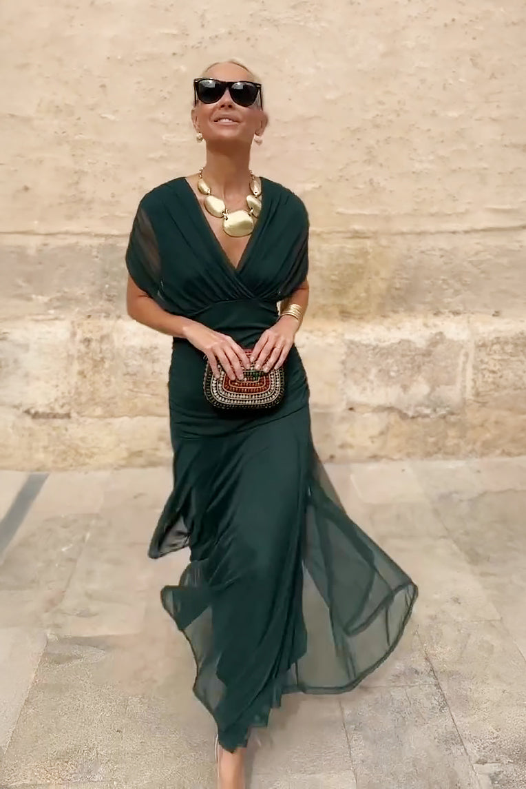 Women's Draped V-Neck Midi Dress with Sheer Overlay