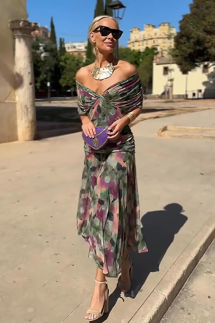 Women's Draped V-Neck Midi Dress with Sheer Overlay