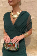 Women's Draped V-Neck Midi Dress with Sheer Overlay