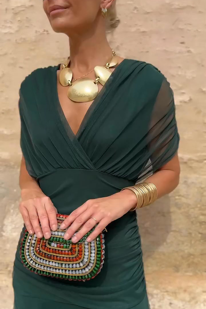 Women's Draped V-Neck Midi Dress with Sheer Overlay