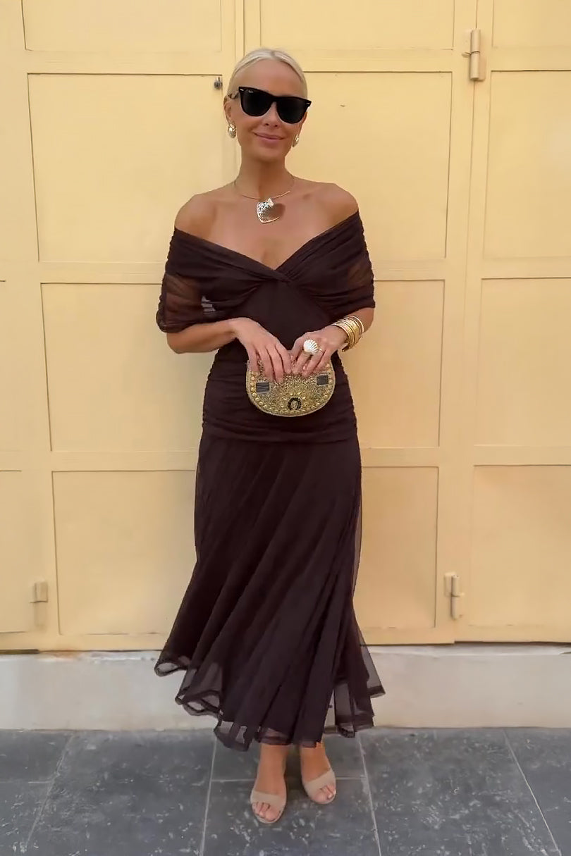 Women's Draped V-Neck Midi Dress with Sheer Overlay