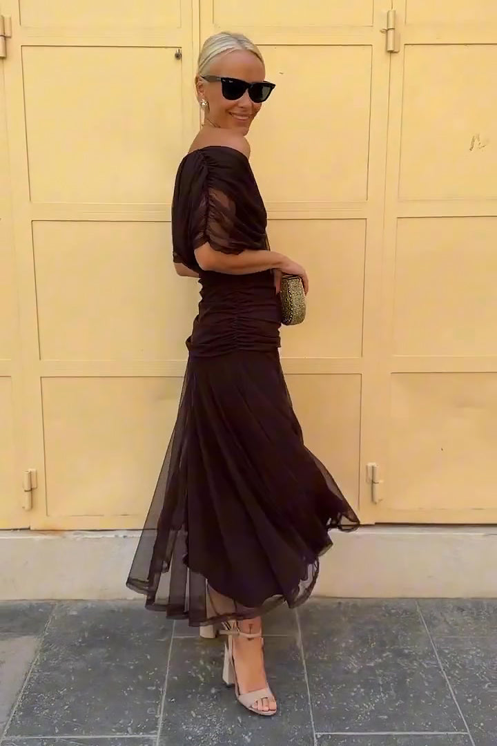Women's Draped V-Neck Midi Dress with Sheer Overlay