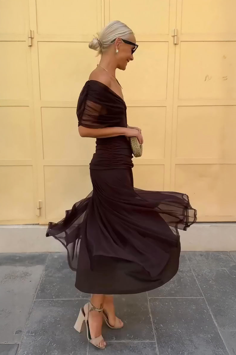 Women's Draped V-Neck Midi Dress with Sheer Overlay