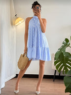 Women's Striped Halterneck Mini Dress with Tiered Hem and Loose Fit