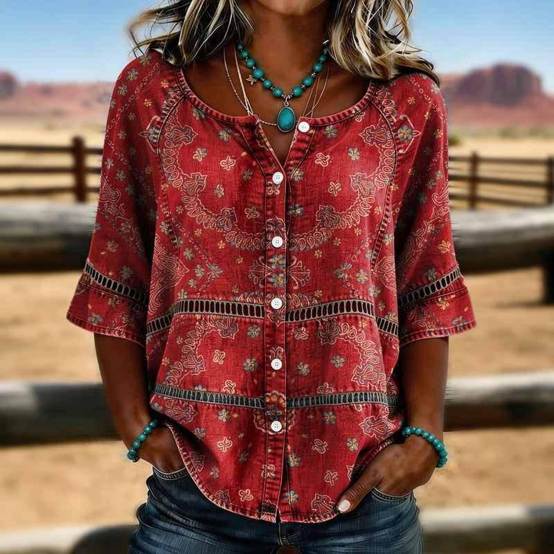 Damenbluse im Boho-Stil mit Print und Knopfleiste delanteros
