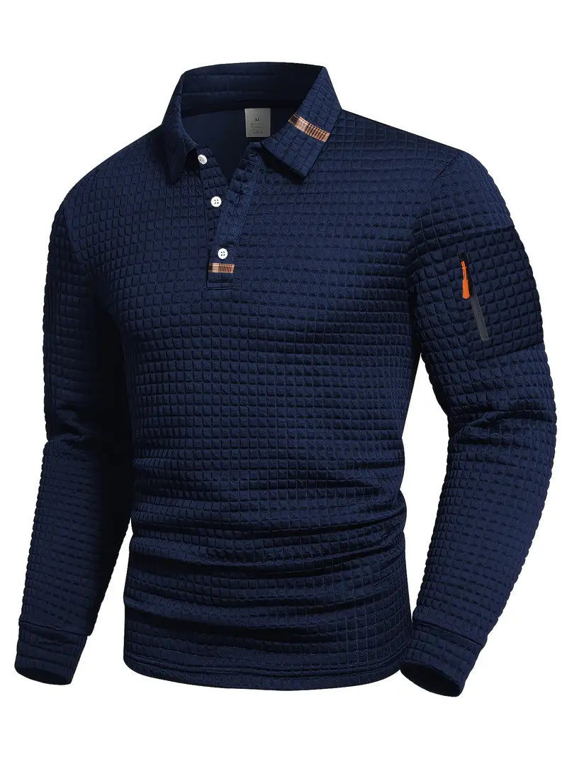 Polo à manches longues texturé pour homme avec fermeture à boutons quart de zip