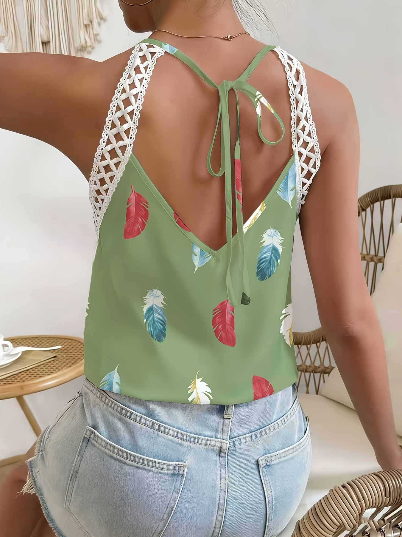 Women’s Feather Print Halter Top with Crochet Strap Detailing
