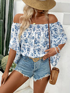 Women's Blue Floral Off-Shoulder Smocked Blouse