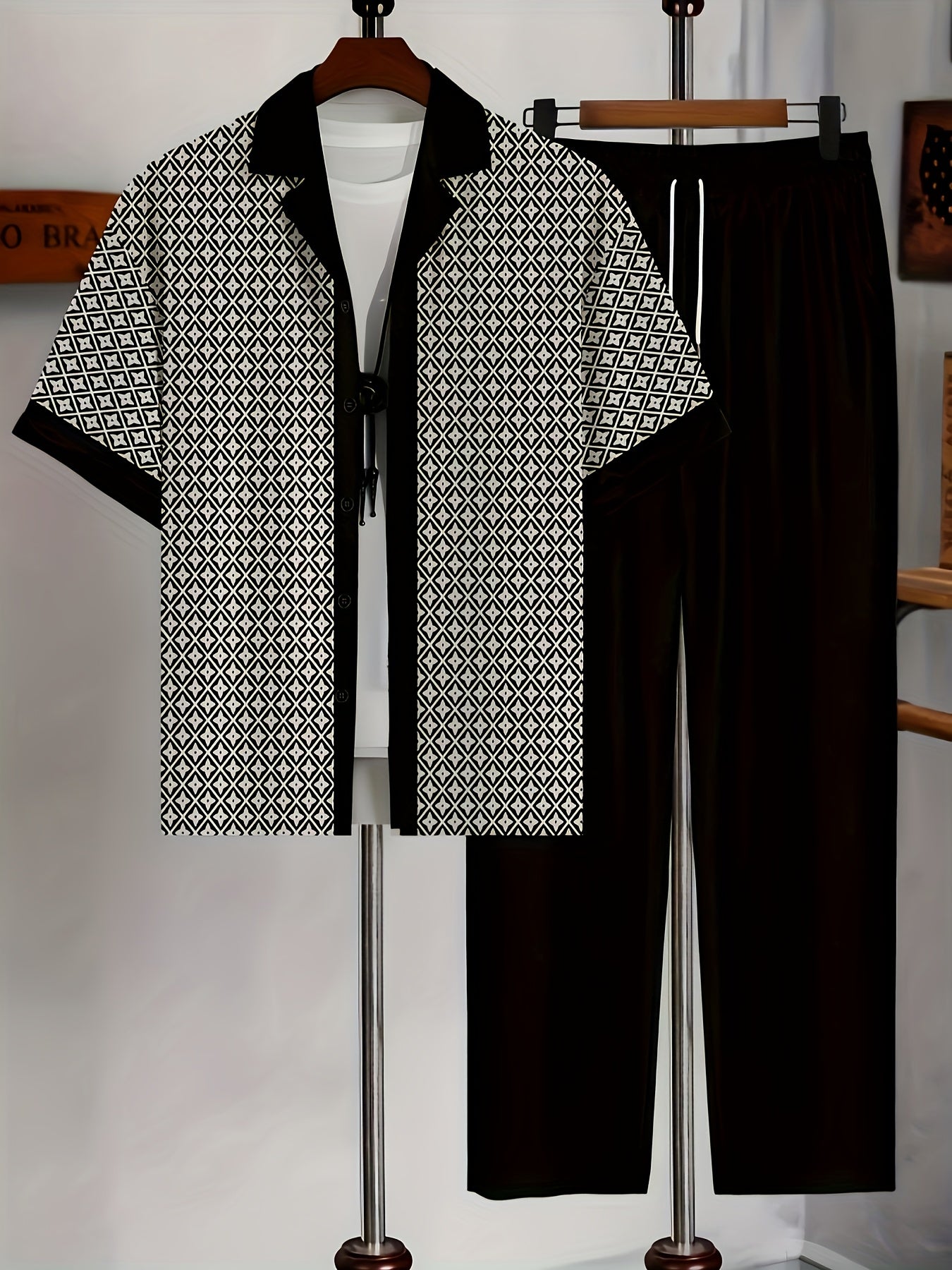 Men's Geometric Button-Up Shirt & Trousers Set