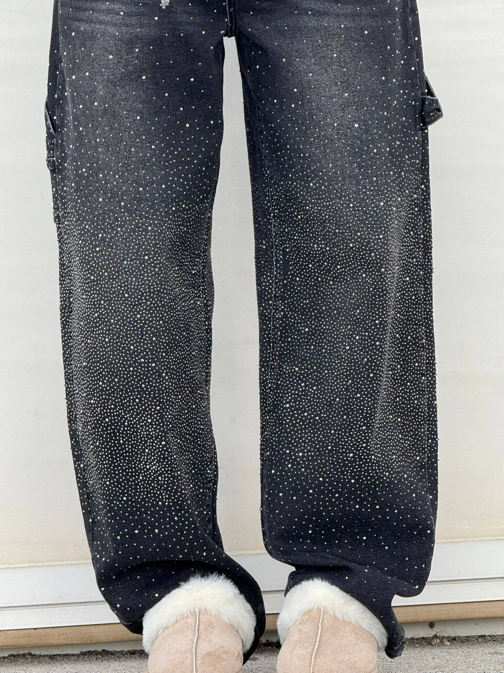 Damen-Jeans mit hohem Bund, geradem Bein und funkelnden Strasssteinen, komplett verziert