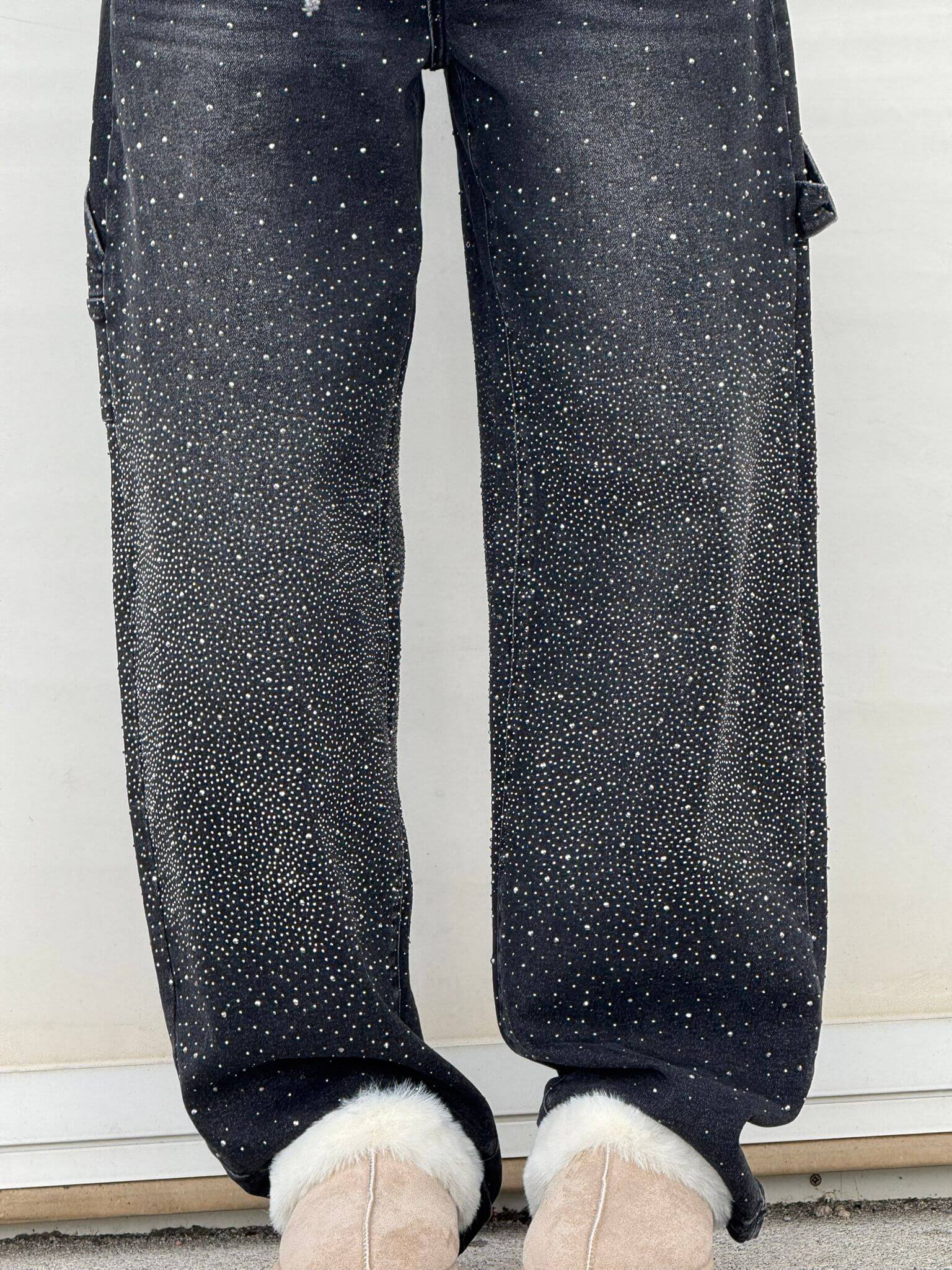 Damen-Jeans mit hohem Bund, geradem Bein und funkelnden Strasssteinen, komplett verziert