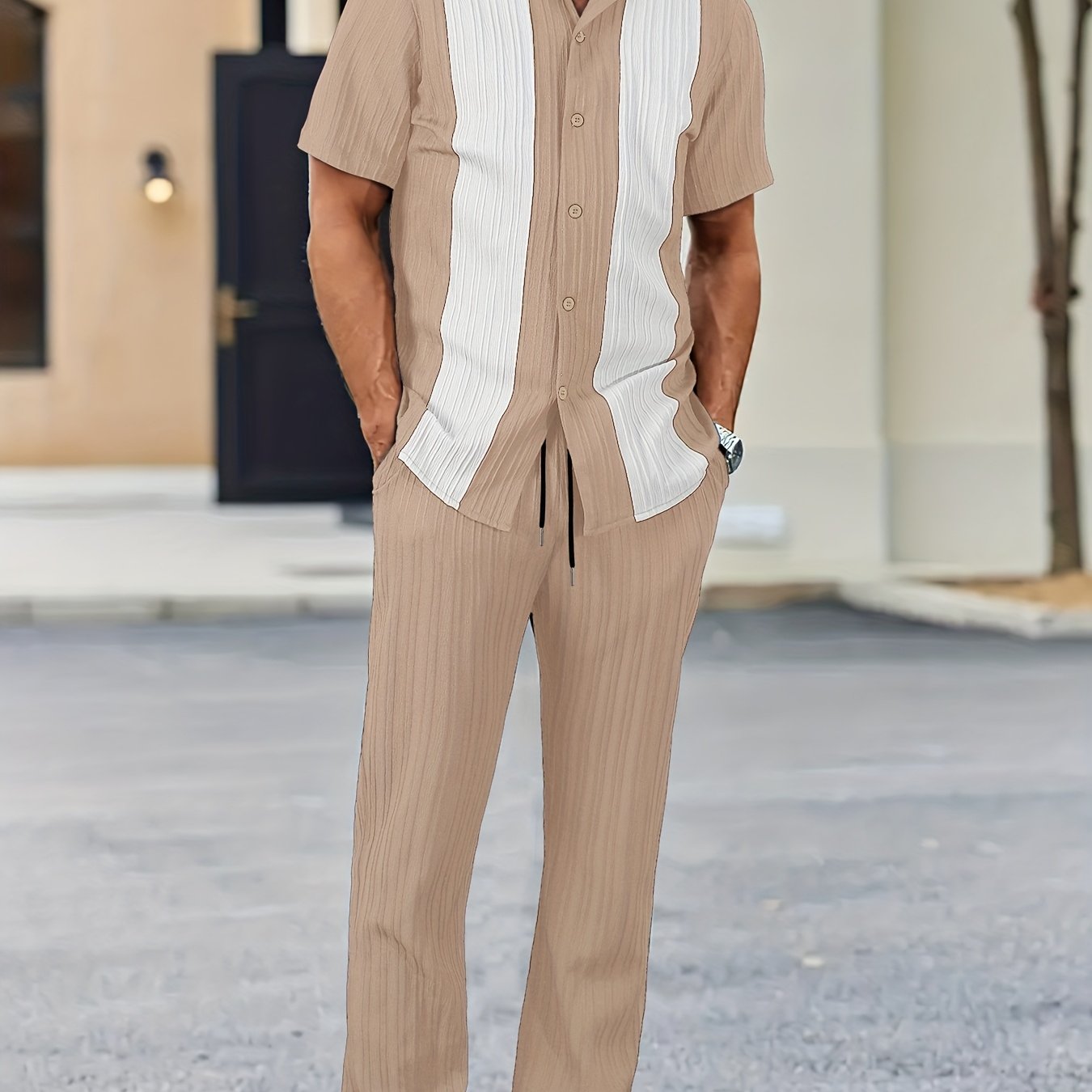 Men's Textured Stripe Shirt & Trousers Set