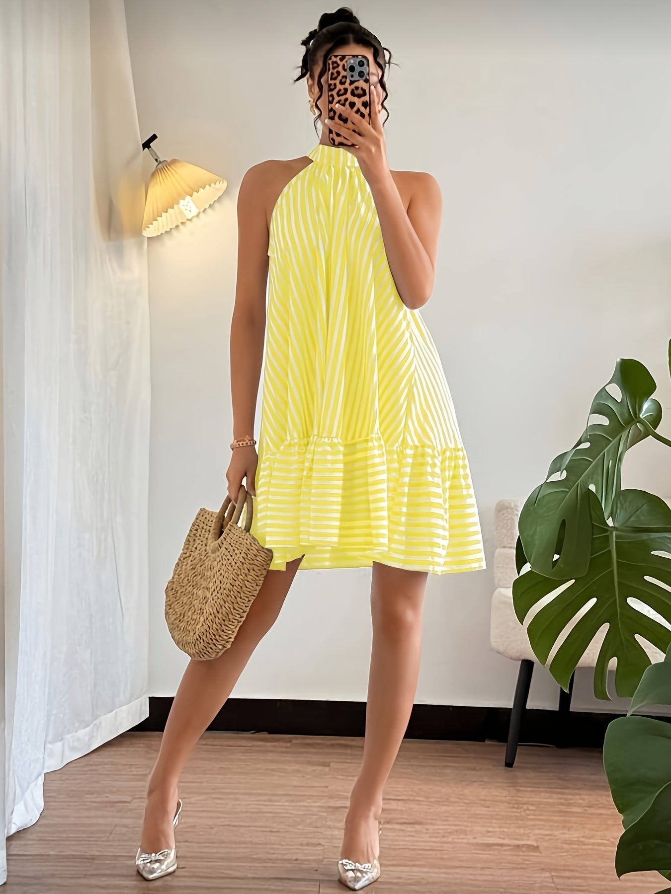 Women's Striped Halterneck Mini Dress with Tiered Hem and Loose Fit