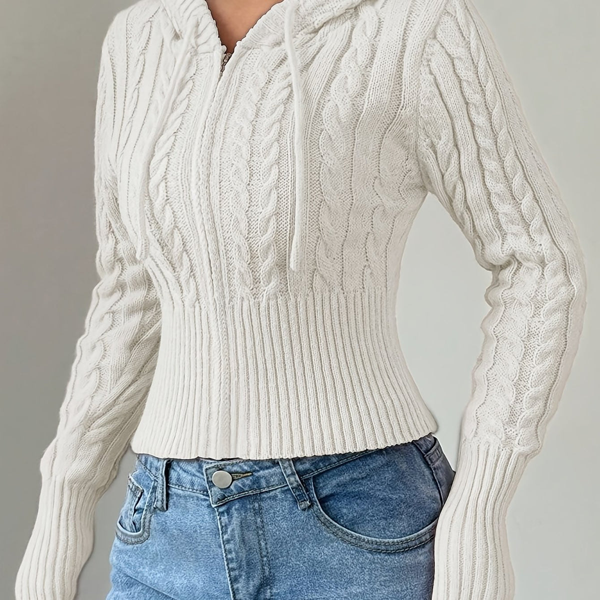 Pull à capuche zippé pour femme en maille torsadée