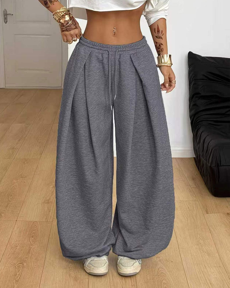 Pantalon plissé large à jambes larges pour femme à cordon de serrage
