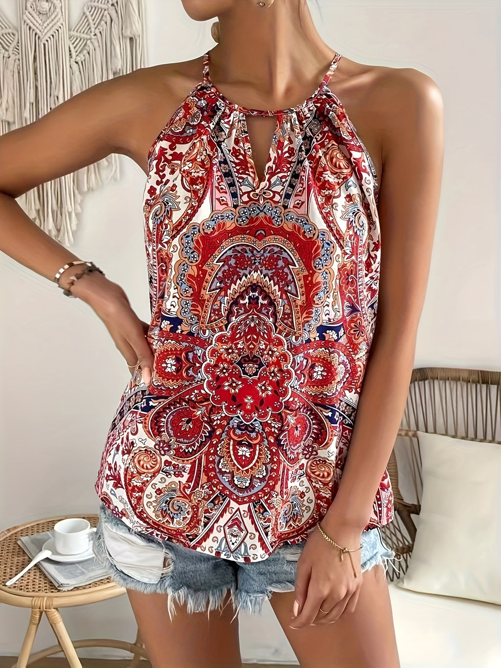 Women’s Paisley Halter Top with Flowing Fit and Elegant Print