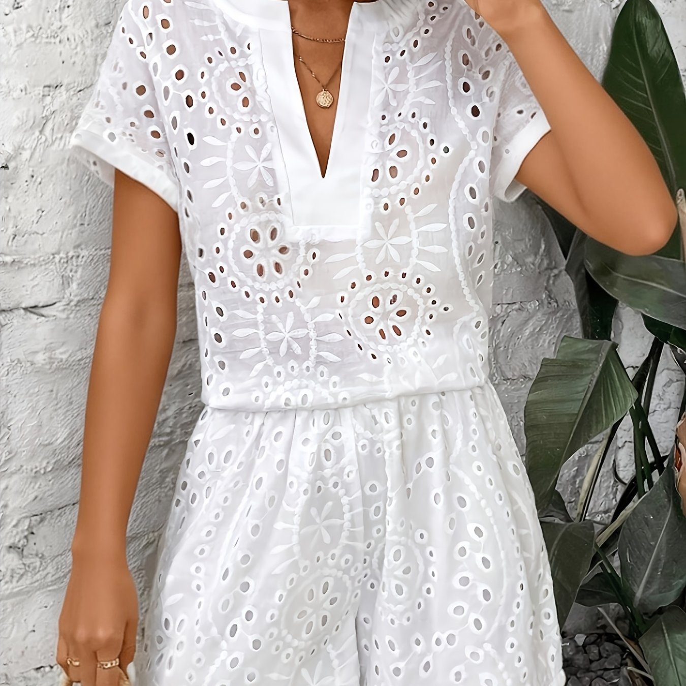 Women’s Broderie Anglaise Playsuit with V-Neck and Flowing Fit