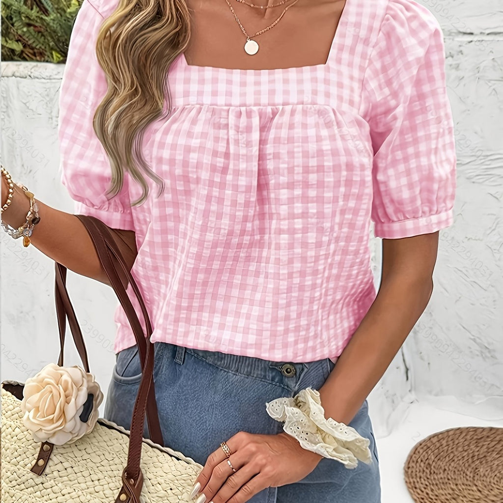 Women's Gingham Square Neck Puff Sleeve Blouse