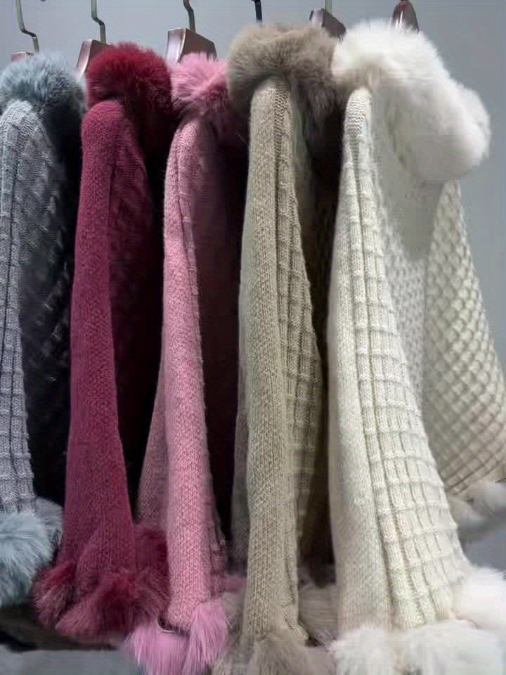 Women’s Faux-Fur Trim Knitted Poncho