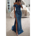 Damen-Abendkleid mit Pailletten, schulterfreiem Ausschnitt und drapierter Silhouette