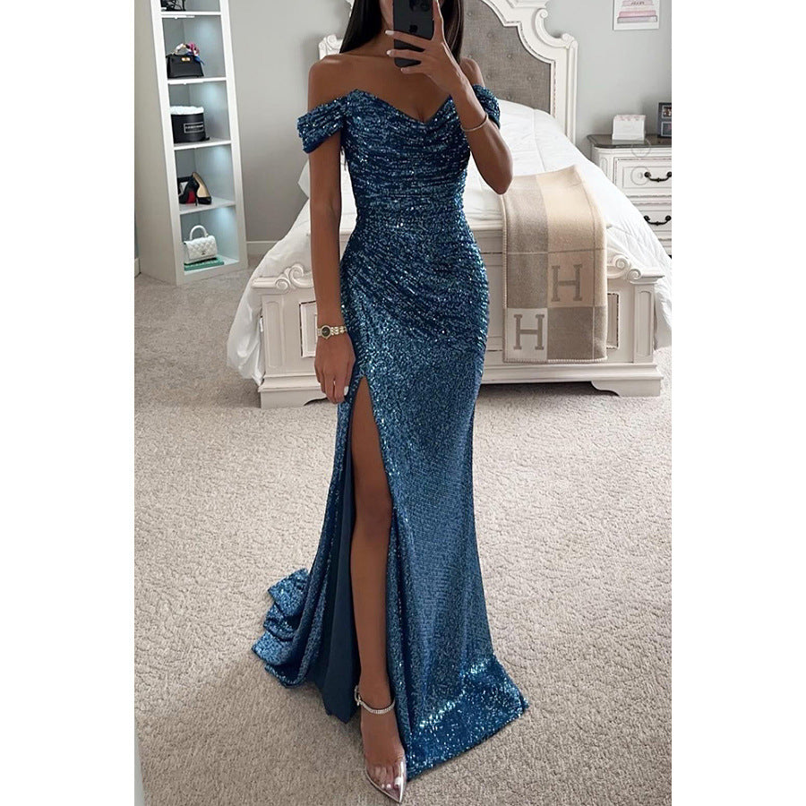 Damen-Abendkleid mit Pailletten, schulterfreiem Ausschnitt und drapierter Silhouette
