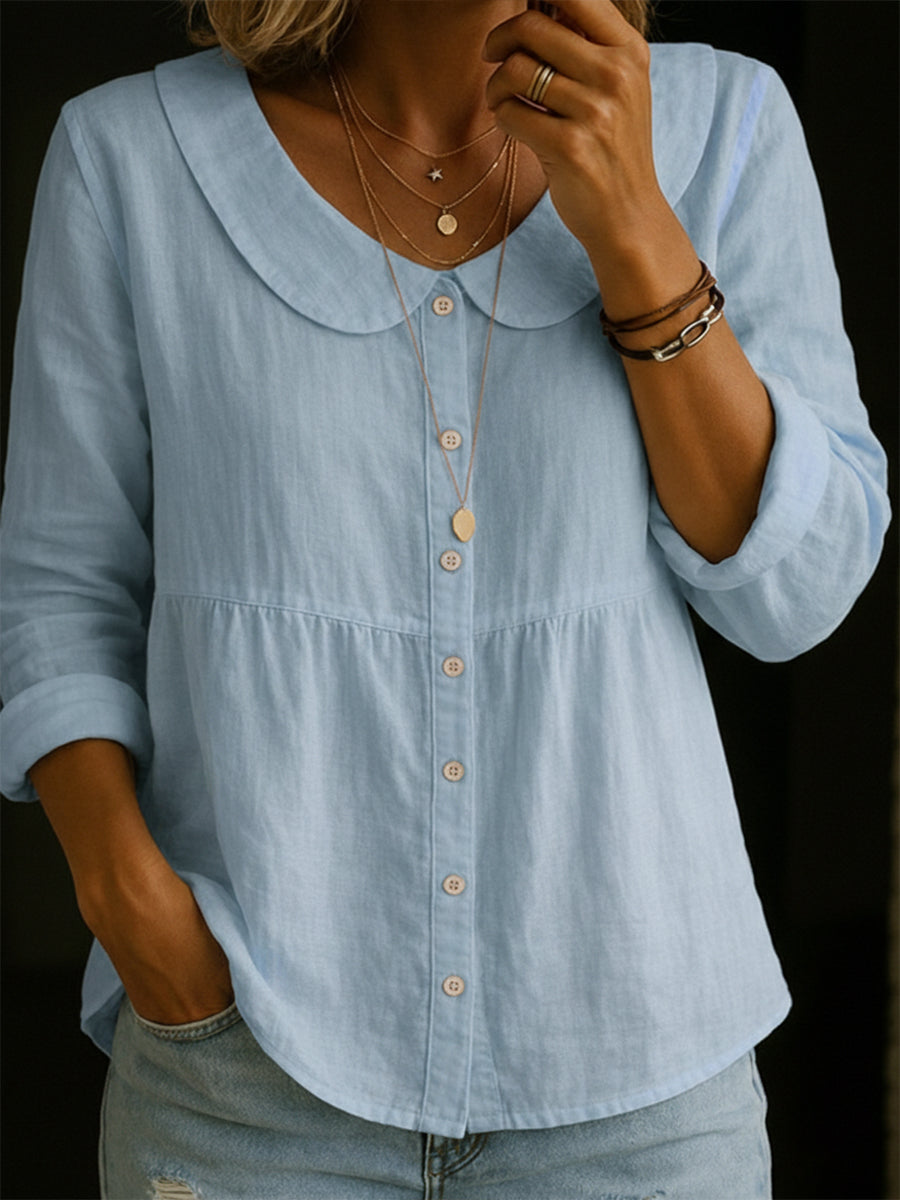 Women's Cotton Linen Blouse with Rounded Collar and Button-Front Design